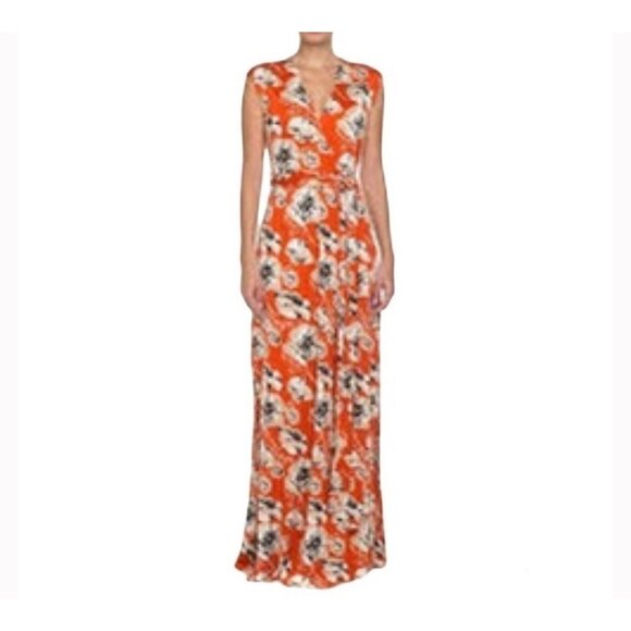 Tory Burch Maddie Silk Maxi Dress WallFlower Floral Print Orange White Wrap XS - Picture 2 of 11